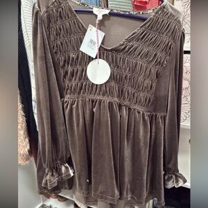 Umgee Velvet Smocked Top in Brown